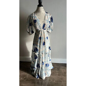 Almada Womens Puff Sleeve Side Cutouts Floral Maxi Dress Blue White Sz Small